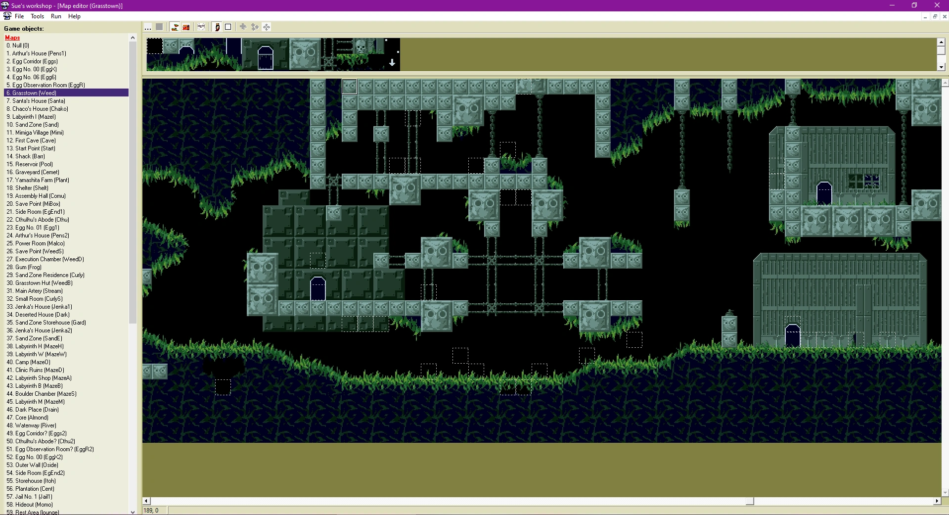 A basic image showing off Sue's Workshop in action. Inside the Main interface is a Map editing interface in tile edit mode.